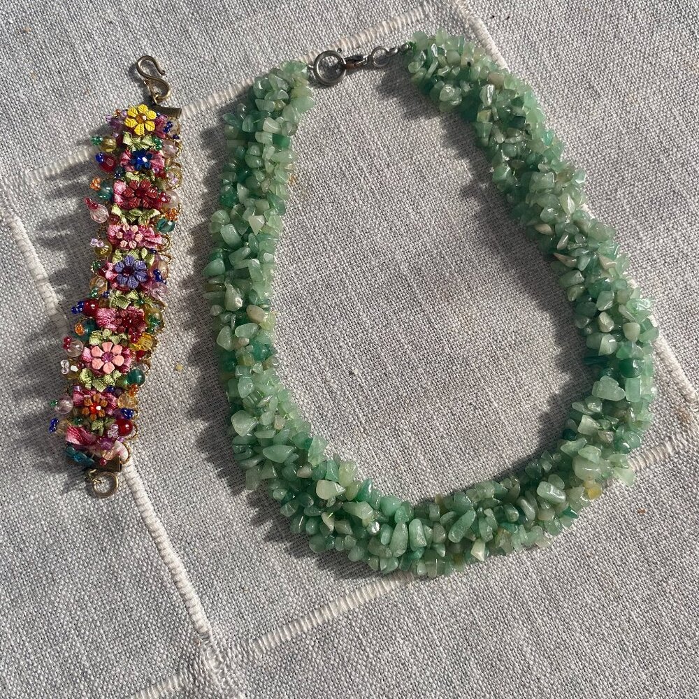 Green glass necklace and ribbon beaded bracelet